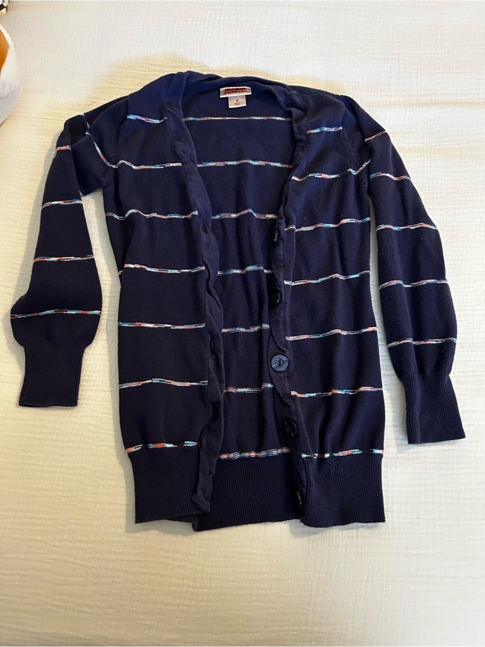 Navy Striped Button Cardigan with Subtle Multicolor Accents